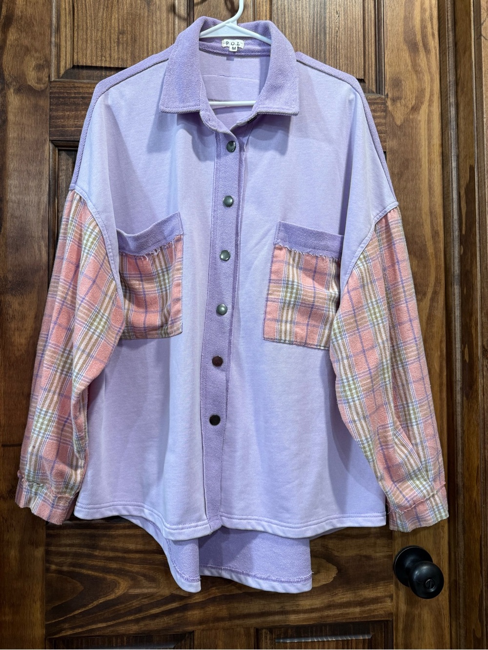 POL Lavender Button-Up Shirt with Peach Plaid Sleeves